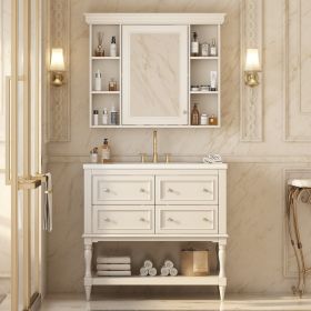 36'' Bathroom Vanity with Medicine Cabinet, Modern Mirror Cabinet with Adjustable Shelf, Bathroom Storage Cabinet with 4 Drawers, Solid Wood Frame Bat
