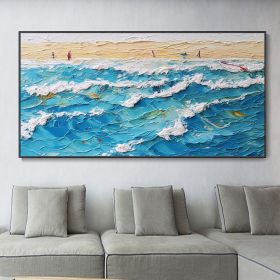 Hand Painted Decor Blue Ocean Canvas Waves Art Painting Pleasure Coast Landscape Art Living Room Decor Abstract Nature Landscape Oil Painting (Style: 1, size: 100x200cm)