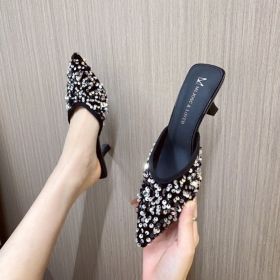 Baotou female slippers summer new wear sandals pointed rhinestone stiletto heels lazy half slippers (Color: Beige, size: 38)