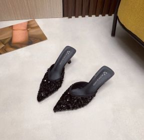Baotou female slippers summer new wear sandals pointed rhinestone stiletto heels lazy half slippers (Color: Black, size: 39)