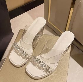 Summer new waterproof table with high heel slippers crystal chunky sandals transparent high heels women (Color: Beige, size: 38)